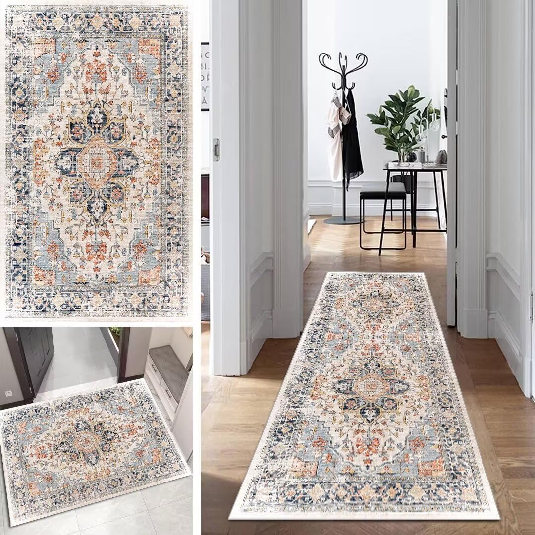 Klasyczny dywan w stylu boho vintage - długi chodnikowy bieżnik, antypoślizgowy, nadający się do prania, 40 x 500 cm, trwały poliester, sprzedawany na metry