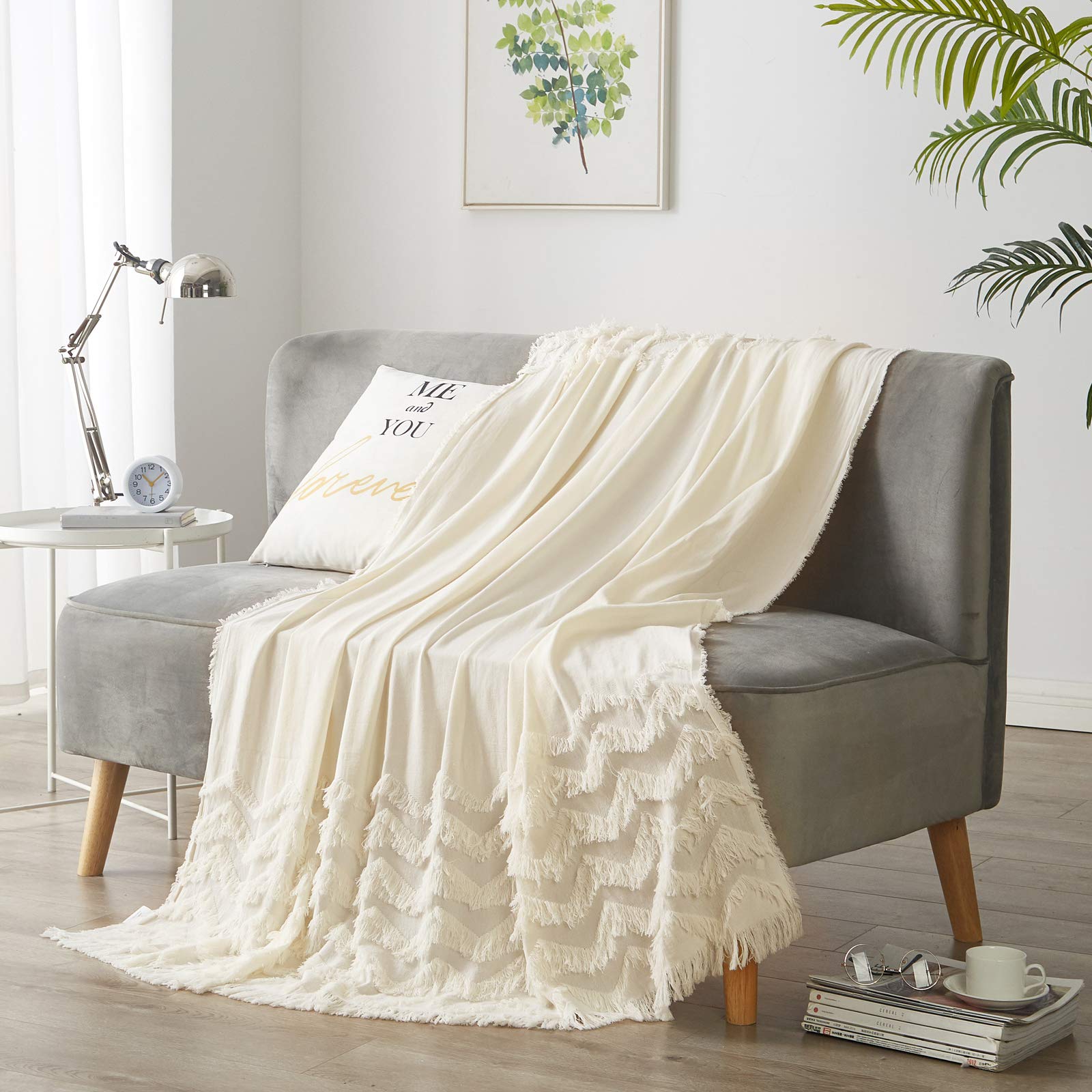 PHF 100% Cotton Textured Throw Blanket, Clip Jacquard Boho Blanket with Tassels, Lightweight Home Decorative Blanket for Sofa Couch, 50" x 60", Cream White