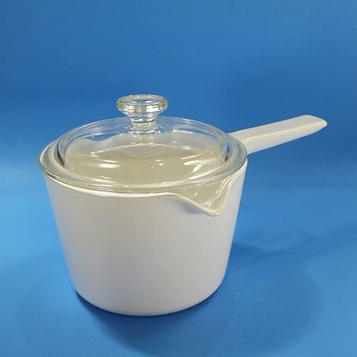 Vintage Corning Ware - Cacerola blanca de 1 cuarto de galón con boquilla doble y tapa transparente de EE. UU