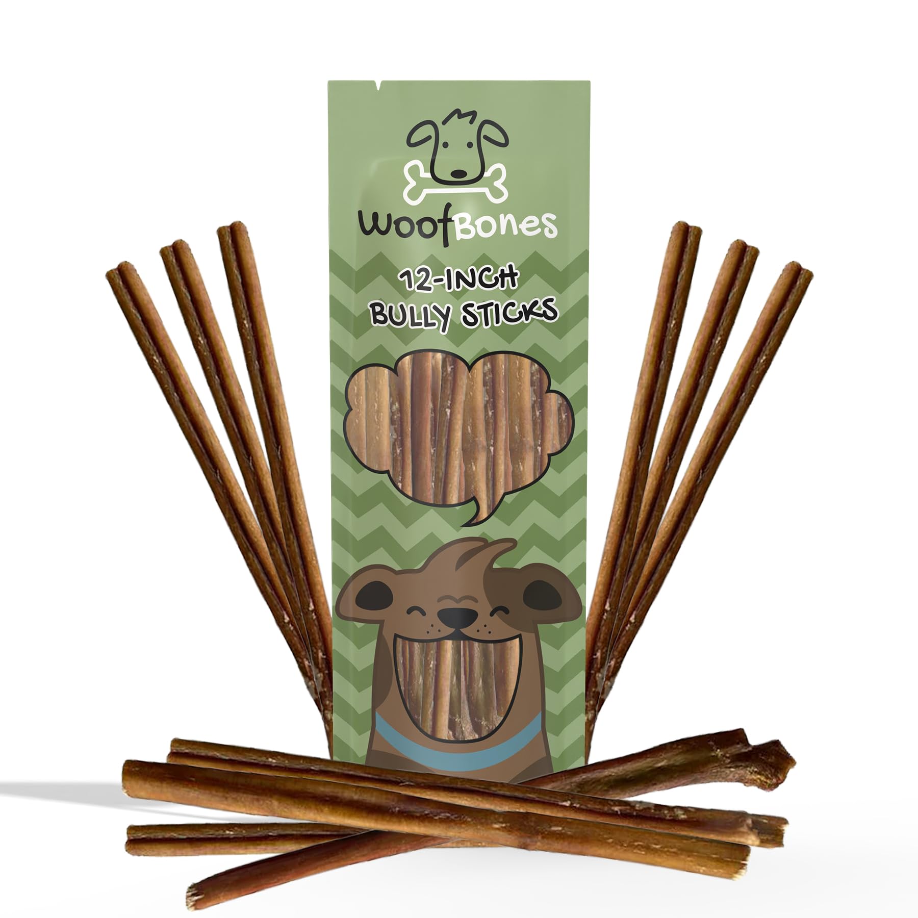 WoofBones 12 Inch All-Natural Premium Bully Sticks for Dogs, Super Low Odor, 100% Grass-Fed Beef, Highly Digestible for All Breeds and Life Stages (