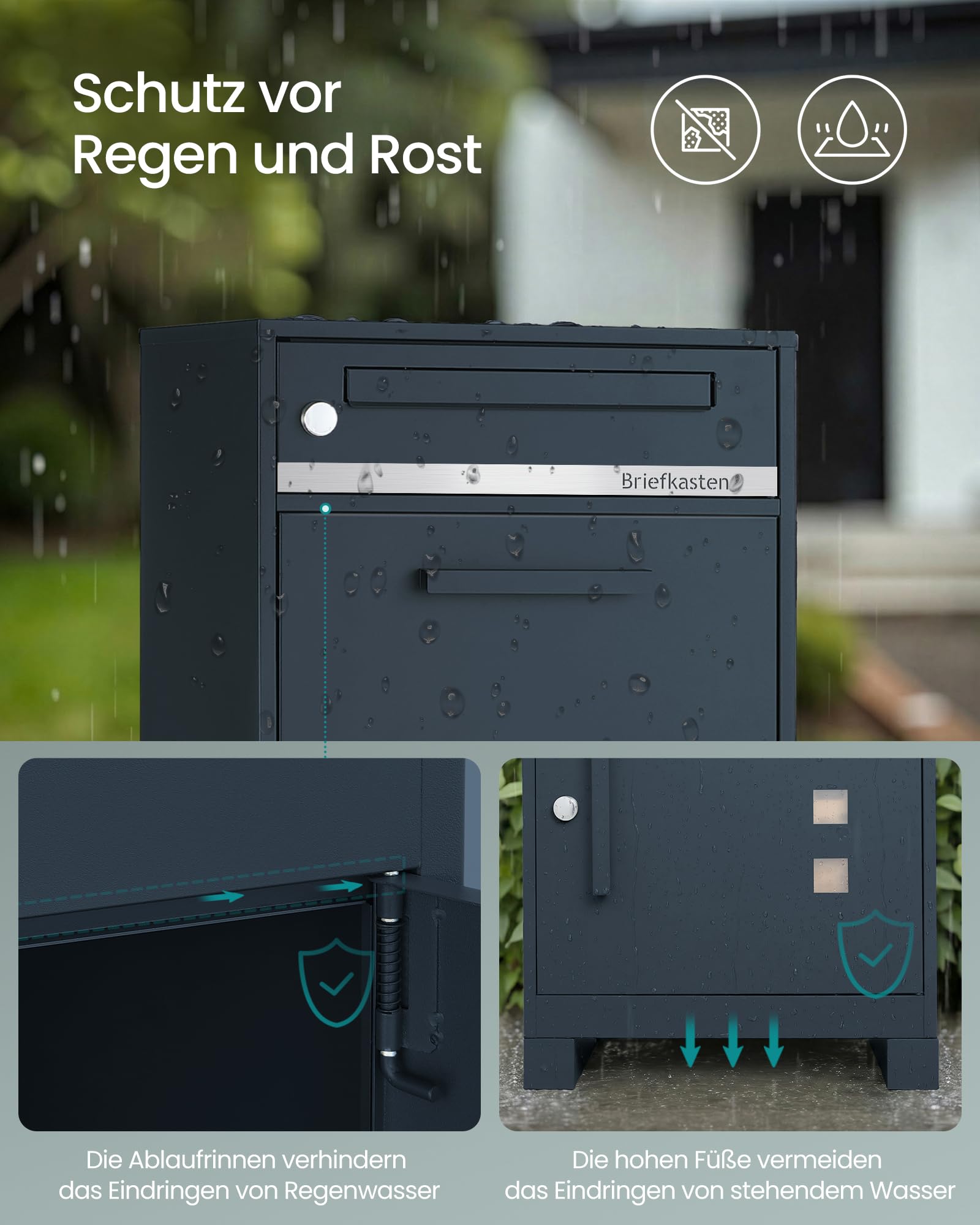 SONGMICS Paketbox, Paketbriefkasten, Briefkasten mit Paketfach, personalisiert, Paketkasten XXL, für Briefe, Pakete, Schloss mit Abdeckung, 2 Schlüssel, Stahl, anthrazit GMB091GZ01-01