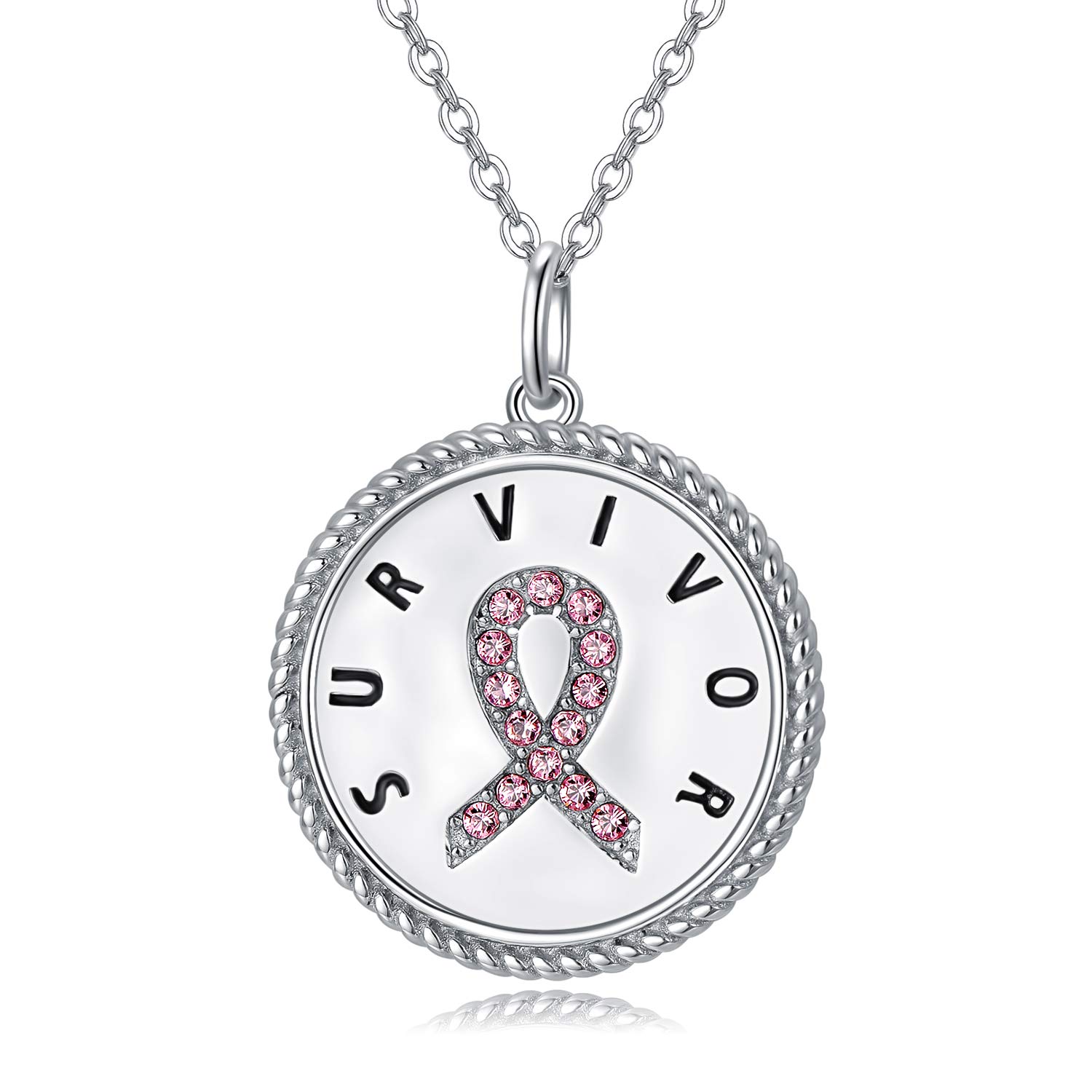 Breast Cancer Survivor Gifts for Women, Sterling Silver Breast Cancer Awareness Necklace, Pink Ribbon Inspirational Jewelry Gift