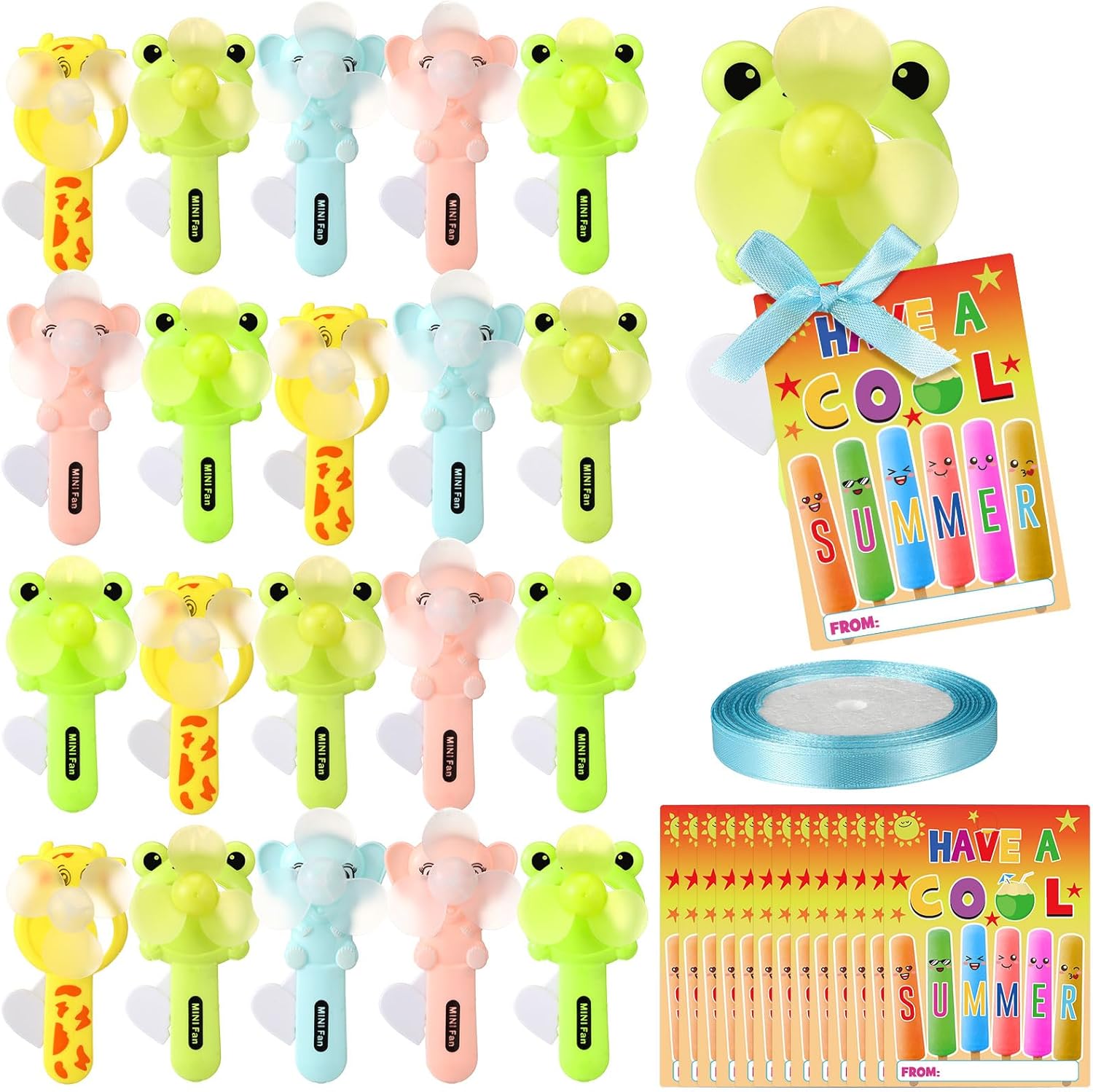 Baquler 24 Sets End of Year for Gifts Bulk, Mini Handheld Fan Bulk, Summer Party Supplies, Cute Manual Press Fans, 24 Pcs Gift Cards with 1 Roll Ribbon for Prizes Birthday Party
