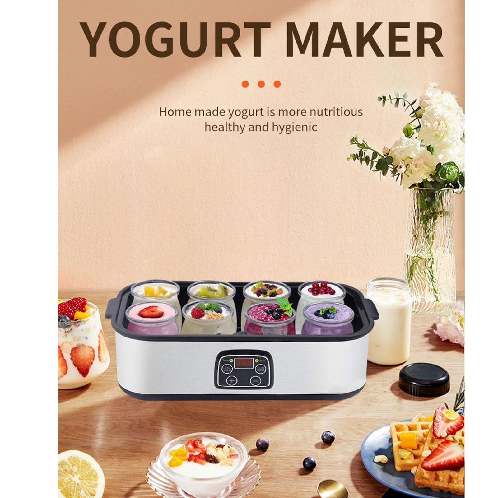 Fabater Yogurtera digital automática con 8 frascos de 48 oz (6 oz cada), pantalla LCD con control de temperatura constante, diseño de acero inoxidable para (EU enchufe 220V)