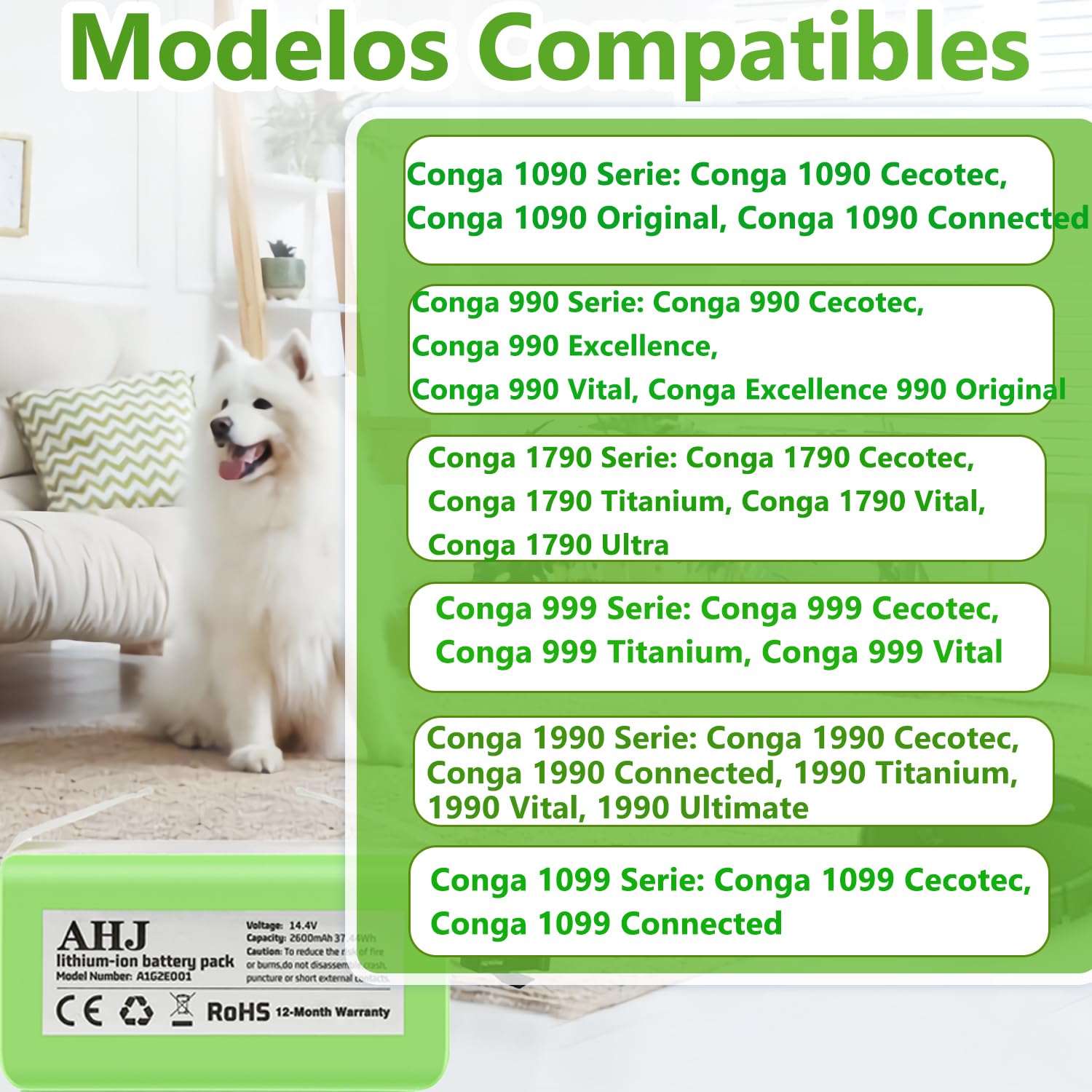 14.4V 2600mAh Li-Ion Batería de Reemplazo para Conga 990 950 999 1090 1790 1990, IKOHS S14 S15, Deebot N79 N79S, Eufy RoboVac 11 11S 11SMax 12 15C 15CMAX 15T 30 30C 30 MAX 35C