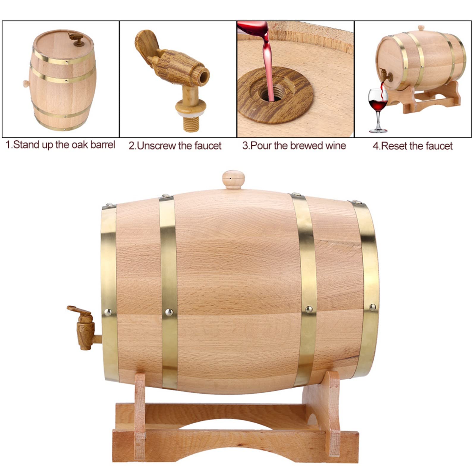 Dispenser per Botte di Whisky in Legno da 10 Litri, Botti D'acqua per Botte di Vino in Rovere a Tenuta Stagna con Supporto in Legno per Birra, Aceto di Vino, Tequila, Whisky