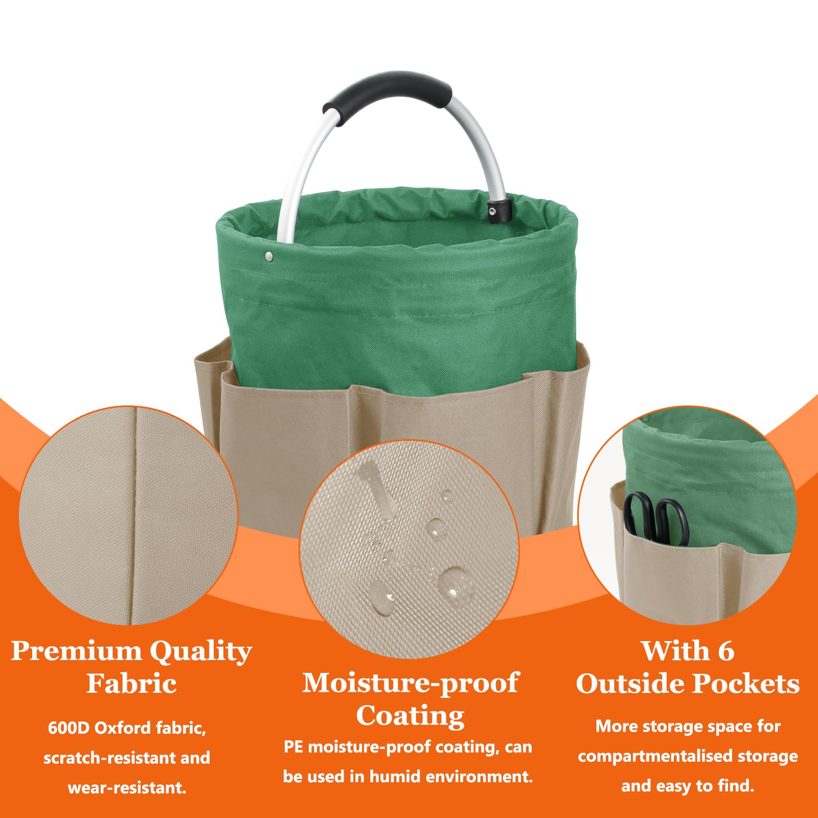 2Pcs Borsa Attrezzi con 6 Tasche, 17L Cestino porta Detersivi Salvaspazio, Cestino Picnic Portatile in Tessuto Oxford 600D, Cestini Portaoggetti per la Doccia, la Pulizia, Cachi con Verde