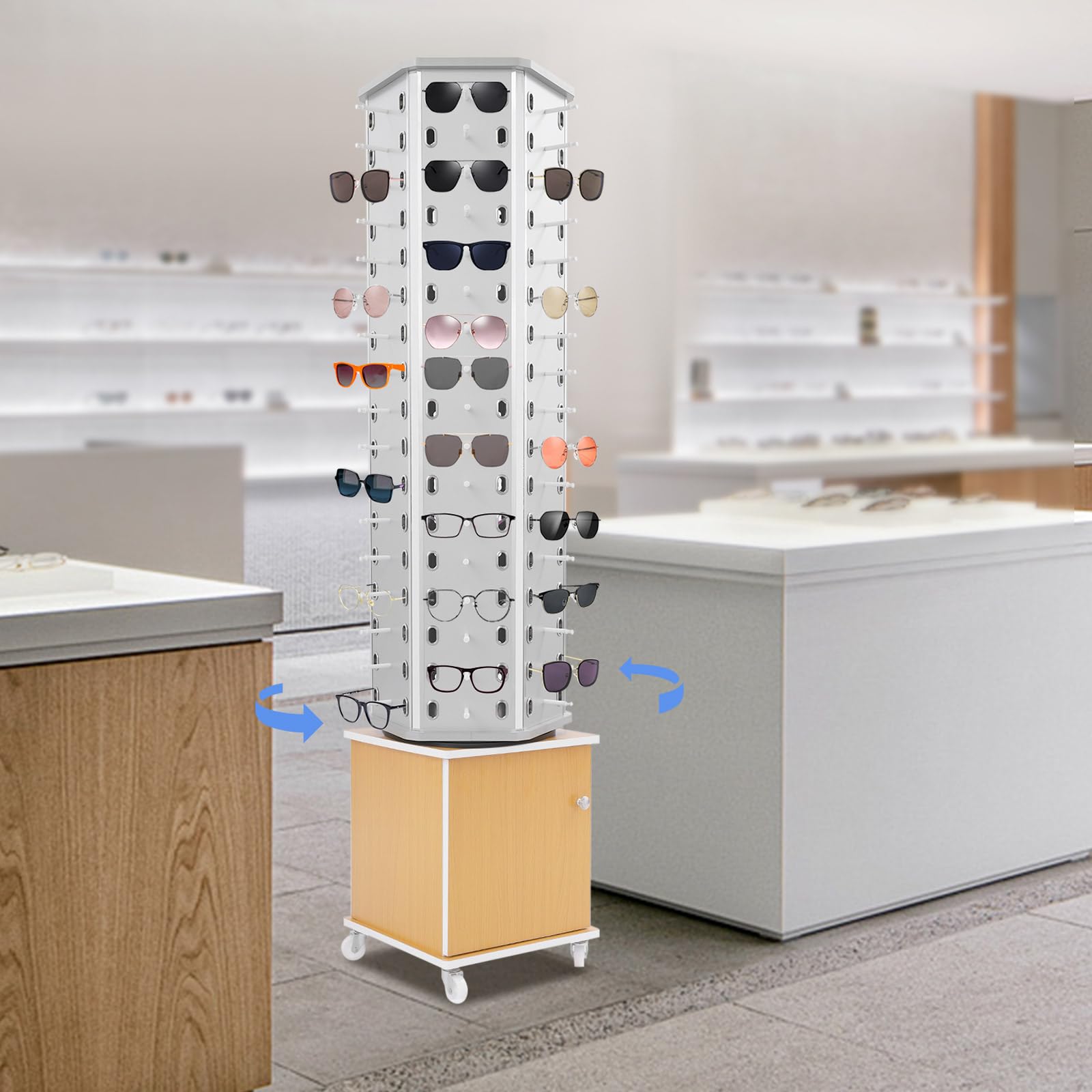 Estante Expositor para Gafas de Sol, Soporte de pie de Madera de 6 Lados para Gafas, Soporte para 102 Pares de Gafas, Giratorio 360°, con Armario de Almacenamiento y 4 Ruedas girat