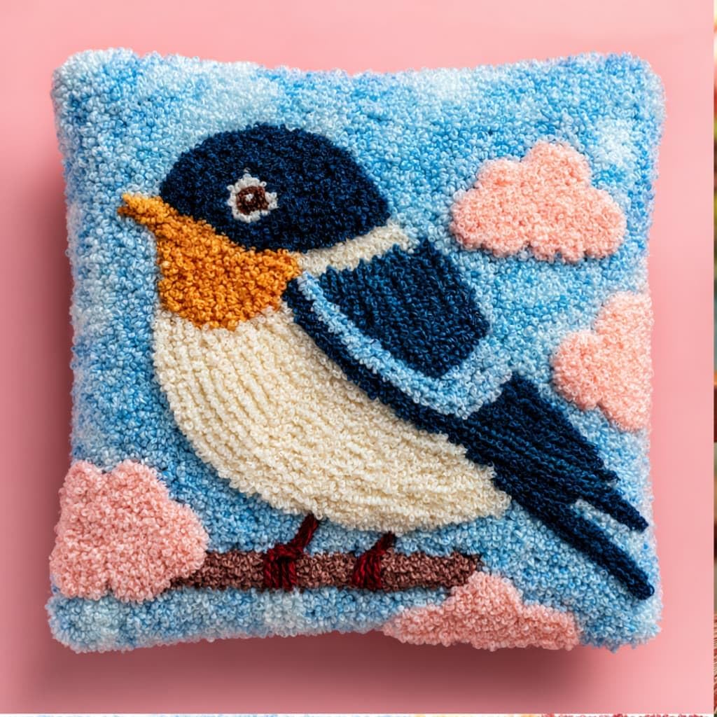 AxiangziK Latch Hook Pillow Kit for Adults,Bird 17X17In Latch Hook Kit for Pillow Cover with Instruction for Beginner Cross Stitch Sofa Cushion Cover with Crochet Yarn for Beginners and Home Decor