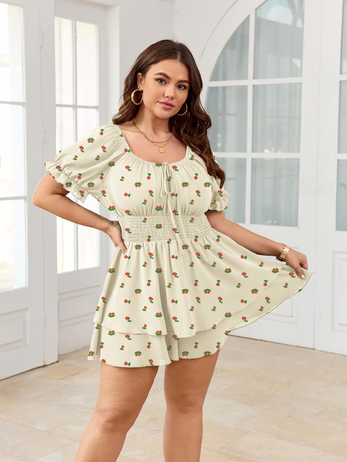 SCOMCHIC Women Plus Size Romper Dress Summer Short Jumpsuit Square Neck Puff Sleeve High Waist Ruffle Boho Jumpsuits: Beige Cherry 3X-Large