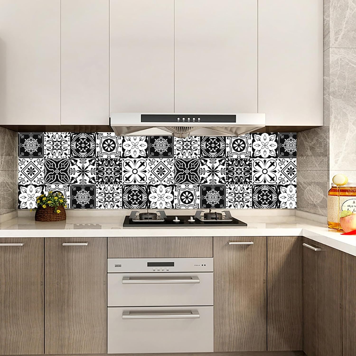 DKDDSSS 40pcs Victorian-Geometric Tile Stickers, Peel & Stick, Black & White, 10cm x 10cm, Waterproof, Indoor Use, Vinyl, Traditional Style, Suitable for Wood, Plastic, Metal, Glass