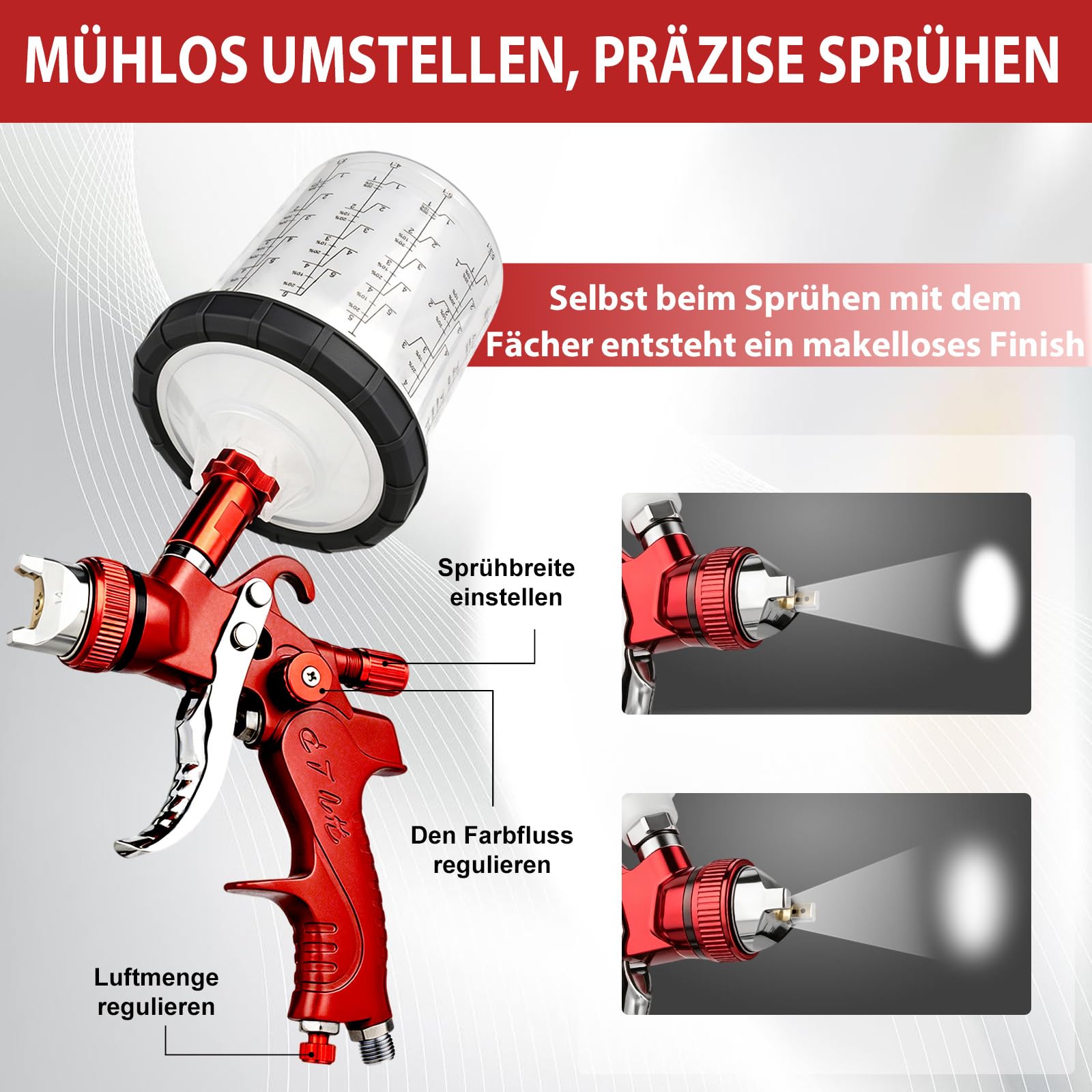 HVLP Spritzpistole mit 4 Düsen-Kits 1,4/1,7/2,0/2,5mm, Lackierpistolen Auto mit 10 x 650ml Einweg-Farbbechern, Schwerkraftzufuhr-Farbspritzpistole zum Lackieren von Autos, Möbeln (Rot)