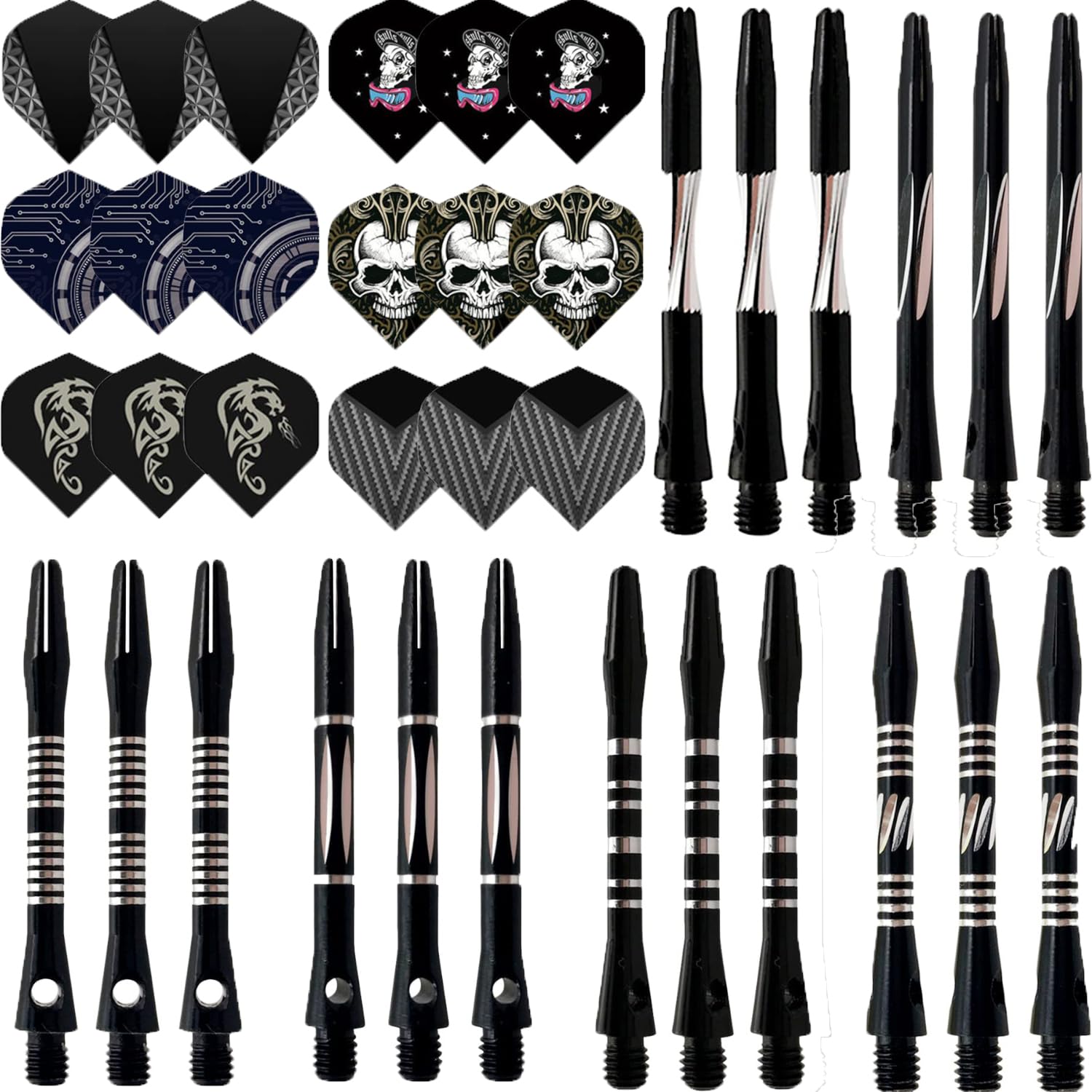 BIPY 27PCS Black Skeleton Pattern Dart Stem and Dart Flight, Nylon Dart Stems Quasi Competition Standard Size