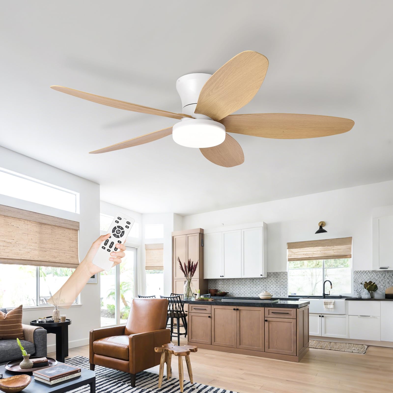 Ceiling Fans with Lights and Remote, Fan Lights Led Ceiling for Bedroom, Indoor 5 Blades Silent Large Fan Lamp, Dimmable 6-spd Reversible DC Motor with Timer for Living Room-White+WoodGrain||42in