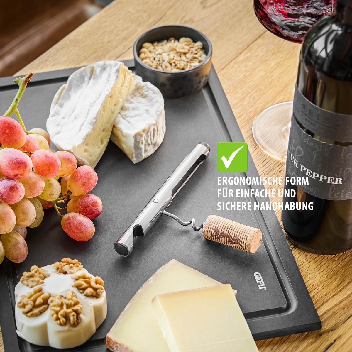 GEFU Korkenzieher SISEO | 2-in-1 Flaschenöffner mit Kapselheber & Edelstahlspindel | Schlankes Design, platzsparend & ergonomisch | Für Weinliebhaber