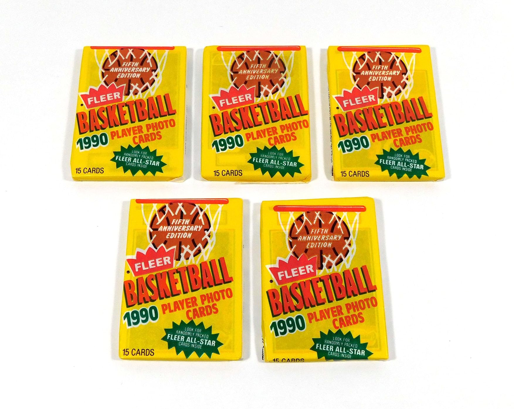 5 Unopened Packs of 1990 Fleer Basketball Cards (15 cards/pack) - Look for rookies, hall of fame, and Michael Jordan cards!