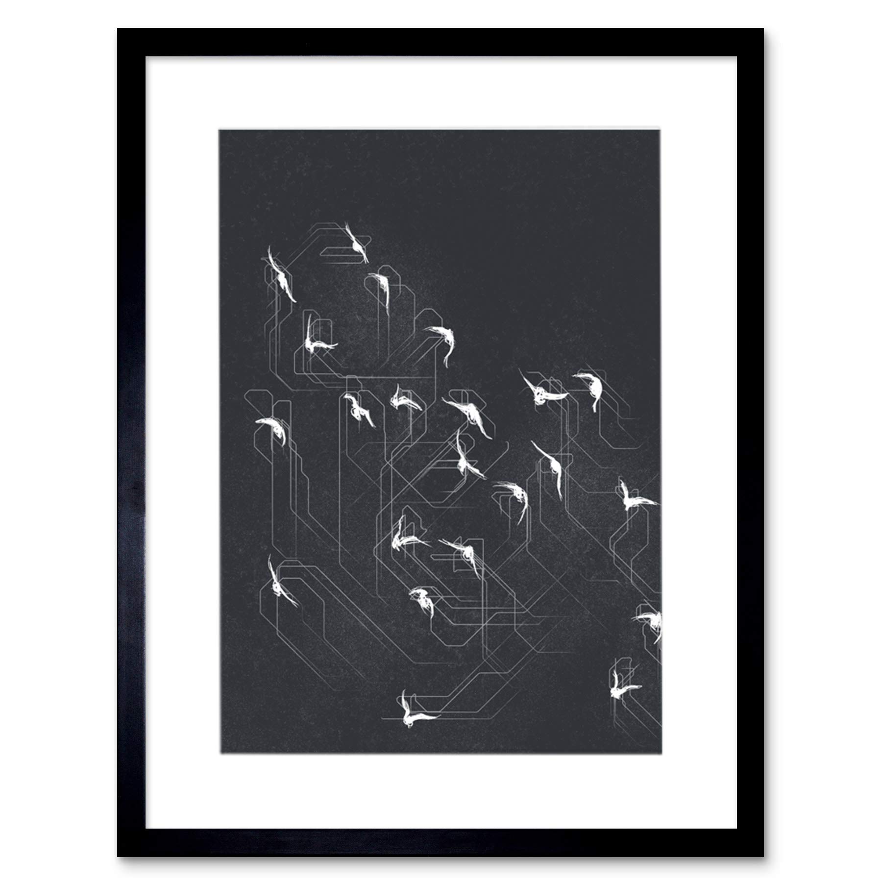 Wee Blue Coo Flock Of Birds Silhouette Lines Artwork Framed Wall Art Print 12X16 Inch