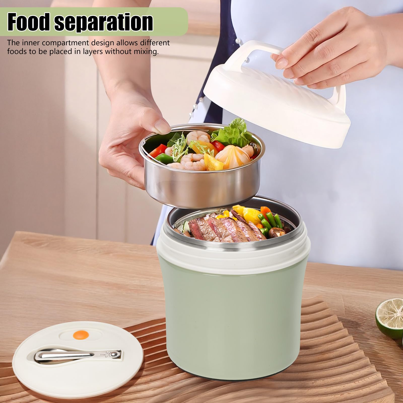 profiwoab Thermocontainer voor eten, 1,2 l, warmhoudcontainer van roestvrij staal met lepel, lekvrije thermokom, thermobeker voor kinderen en volwassenen, thermo-lunchbox voor pap, maaltijden en