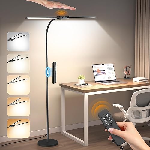 Syrinx Lámpara de Pie LED, Lámparas de Pie de Doble Cabezal con Cuello de Ganso para Sala de Estar con Interruptor de Gestos y Control Remoto,