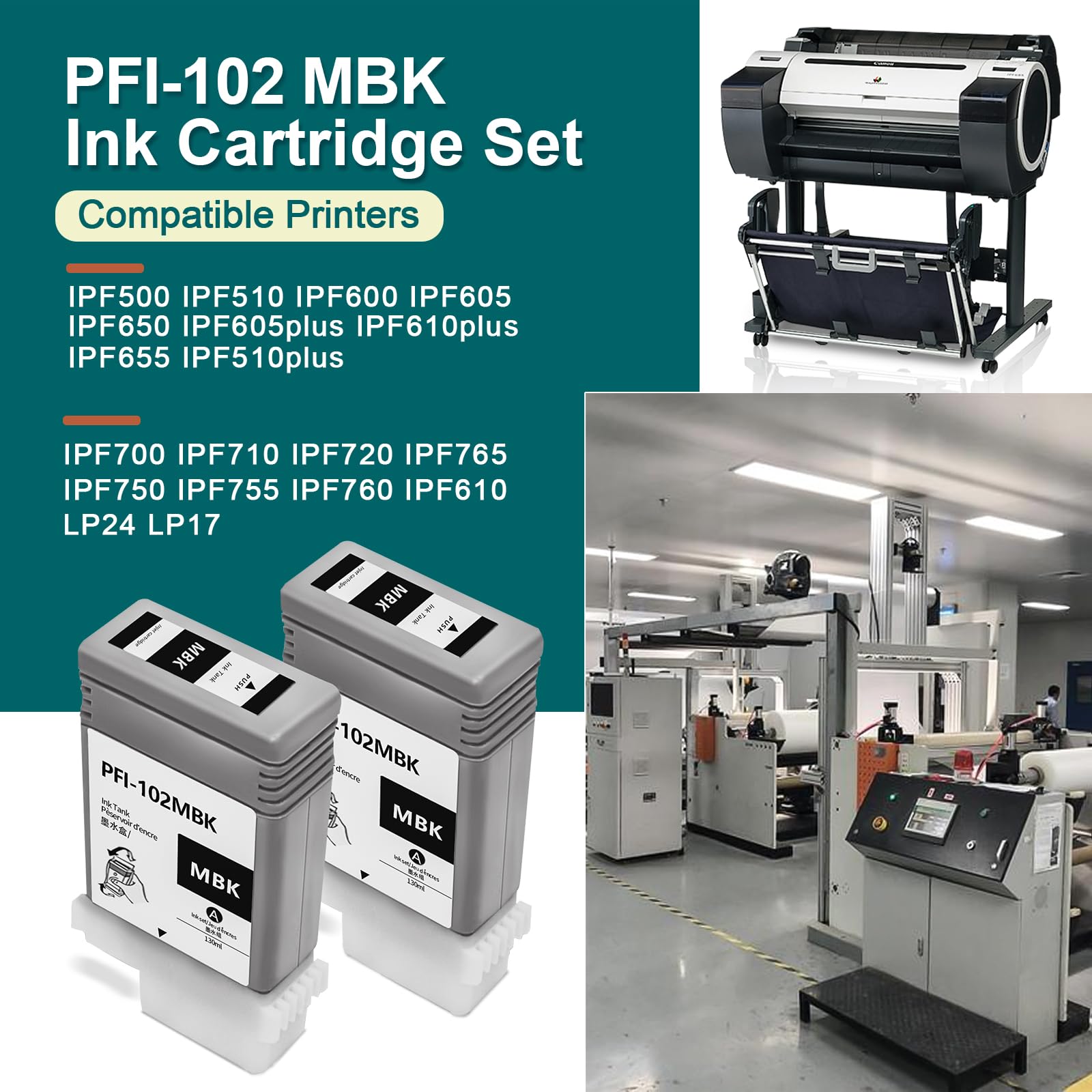 PFI-102 Ink Cartridge Set For Canon ImagePROGRAF Printers - 130ml 6-Pack Replacement