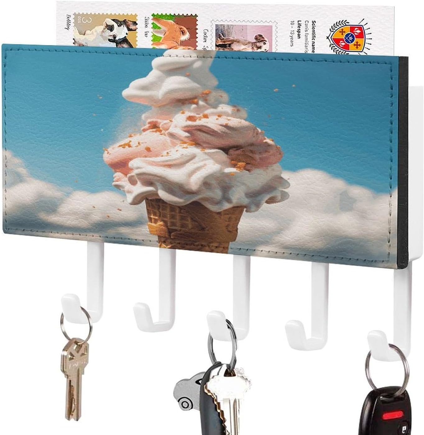 Key Holder Wall Mount Key Hanger with 5 Hooks, Decorative Key Rack | Cloudy Ice Cream Hanging Key Hooks with Mail Organizer for Wall Living Room Kitchen Bathroom Hallway