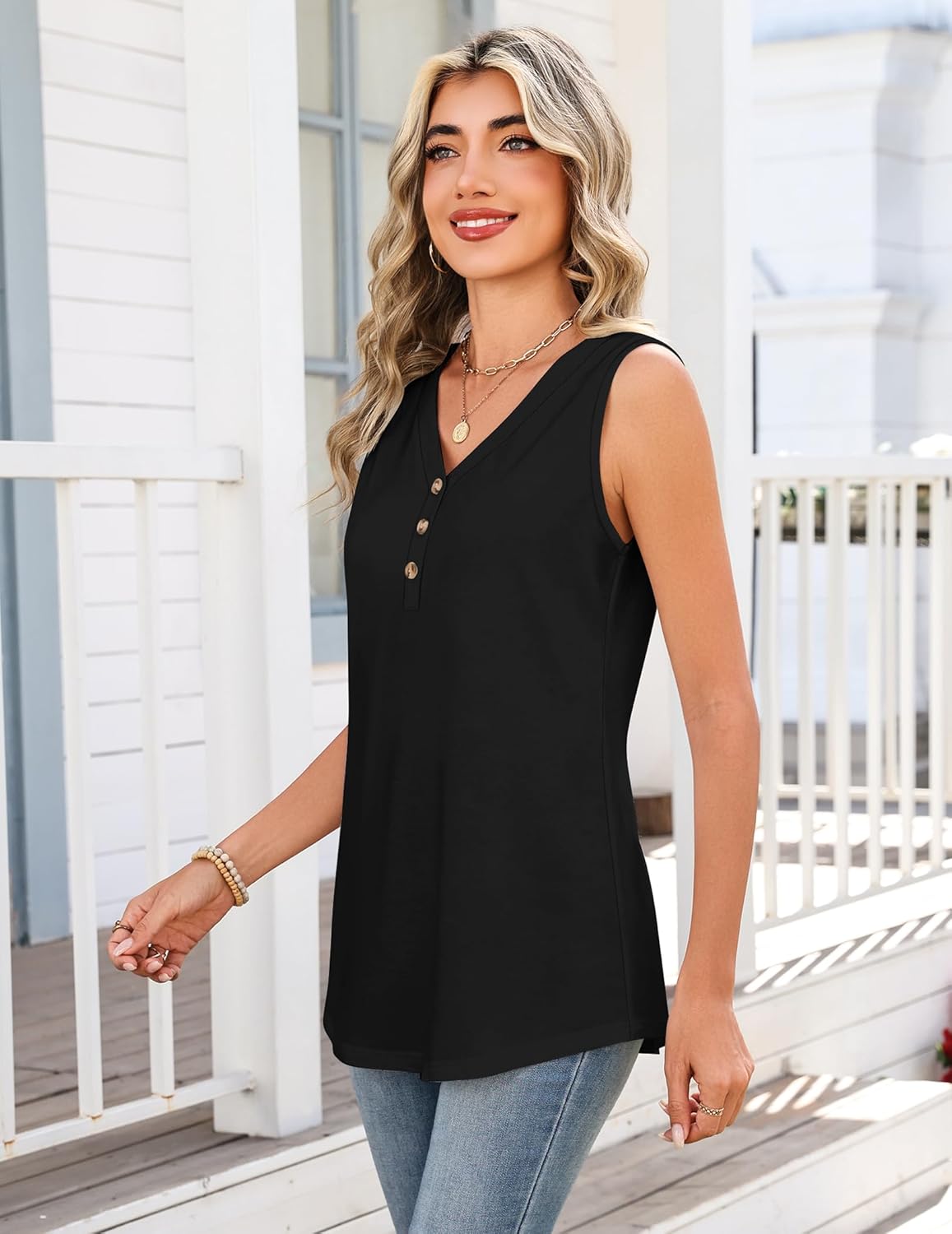 Zeagoo Tank Tops for Women 2026 Summer Top Henley Shirts Dressy Casual Loose Fit V-Neck Button Down Sleeveless Tshirt Blouse - Image 4