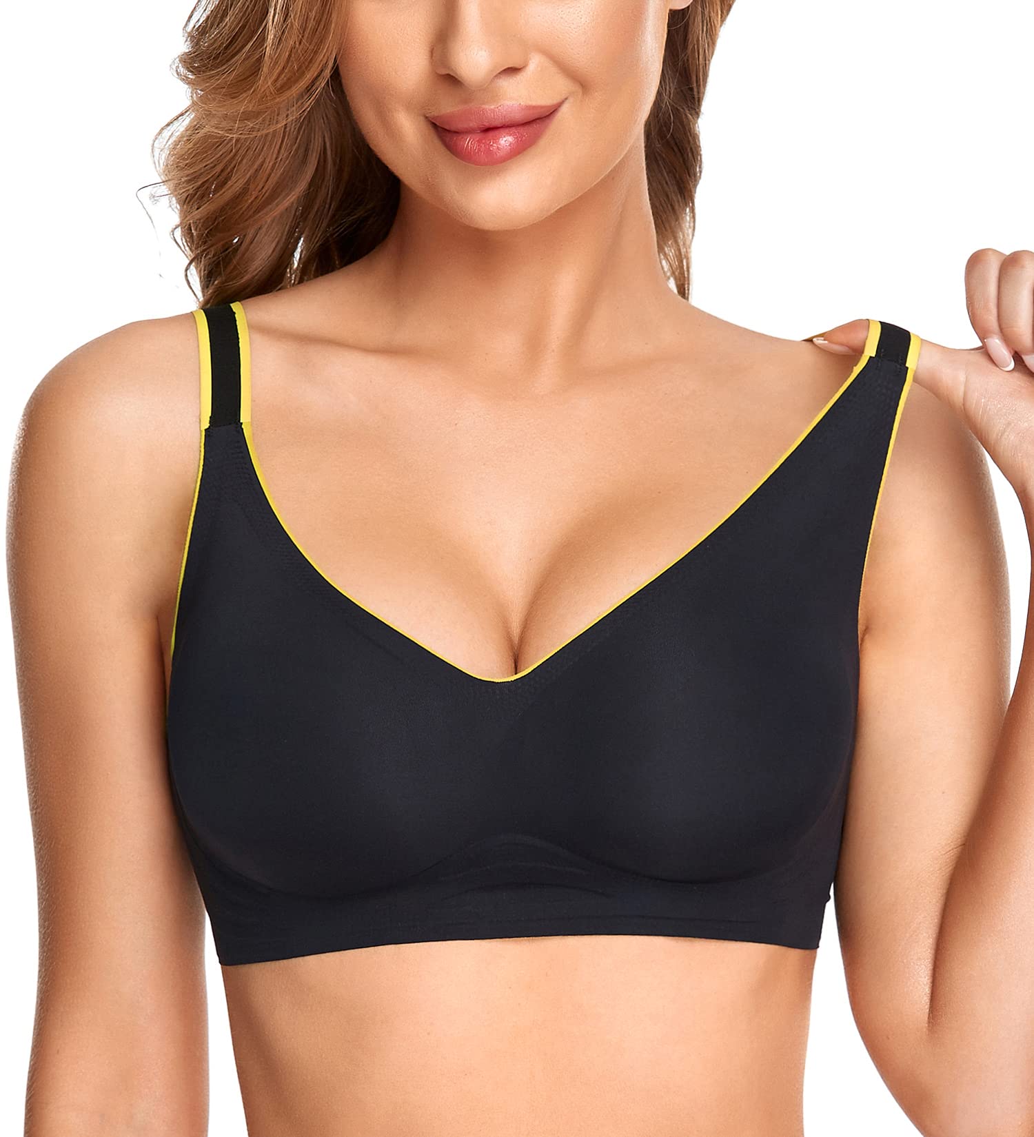 JOATEAY Wireless Bras for Women V-Neck Comfort Seamless Padded Sleep Yoga Sport Everyday Bra(Black XL)