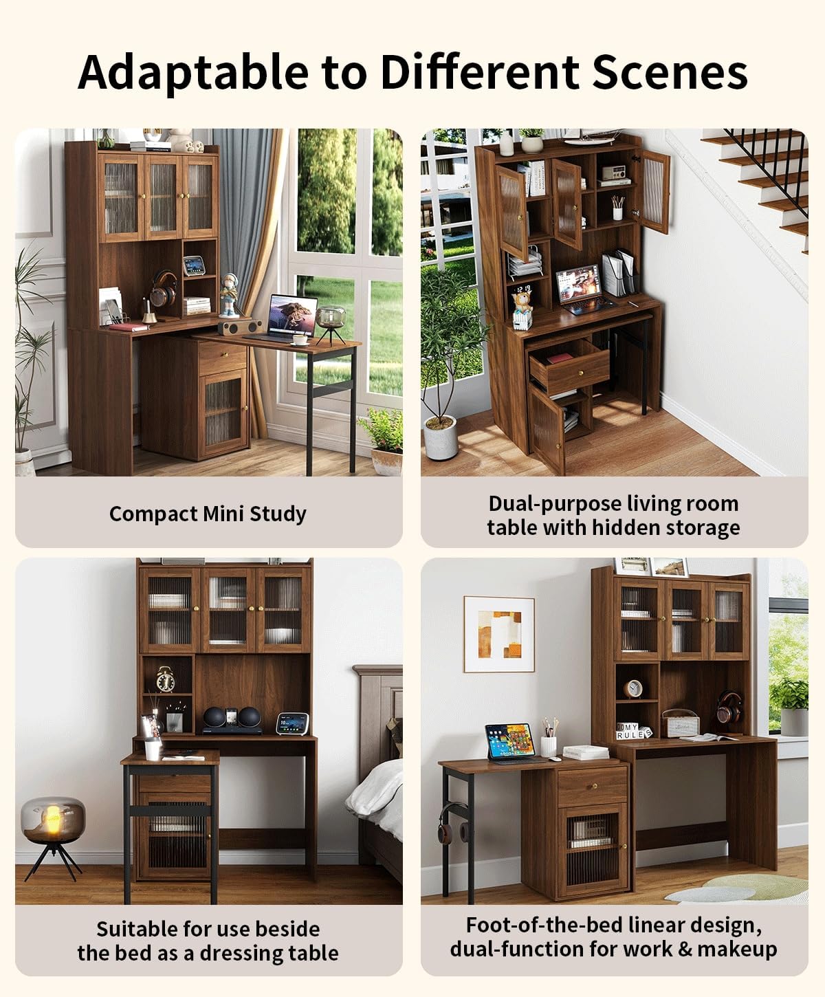 Computer Desk with Glass Door Home Office Desks,Convertible Executive Desk with Bookshelf & Hutch,Writing Secretary Table with 90 Degree Rotating Desktop,Large Working Space