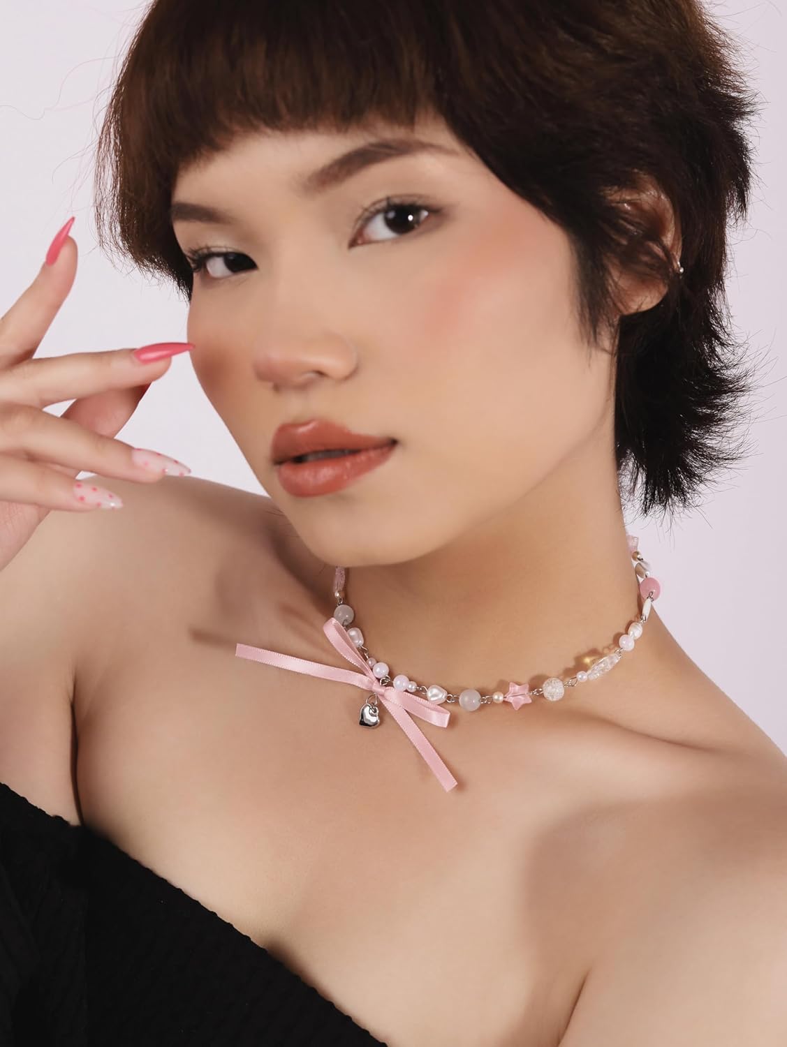 OJERRY Y2K Kawaii Coquette Pink Bow Cutecore Aesthetic Beaded Choker Necklaces Jewelry Accessories for Girls