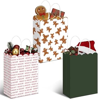 Yexiya 24 Pcs Christmas Paper Gift Bags 3x6x8 Inches Christmas Gingerbread Man Kraft Gift Bags with Handles Reusable Xmas Goodie Sacks for Xmas Holiday Wrapping Present