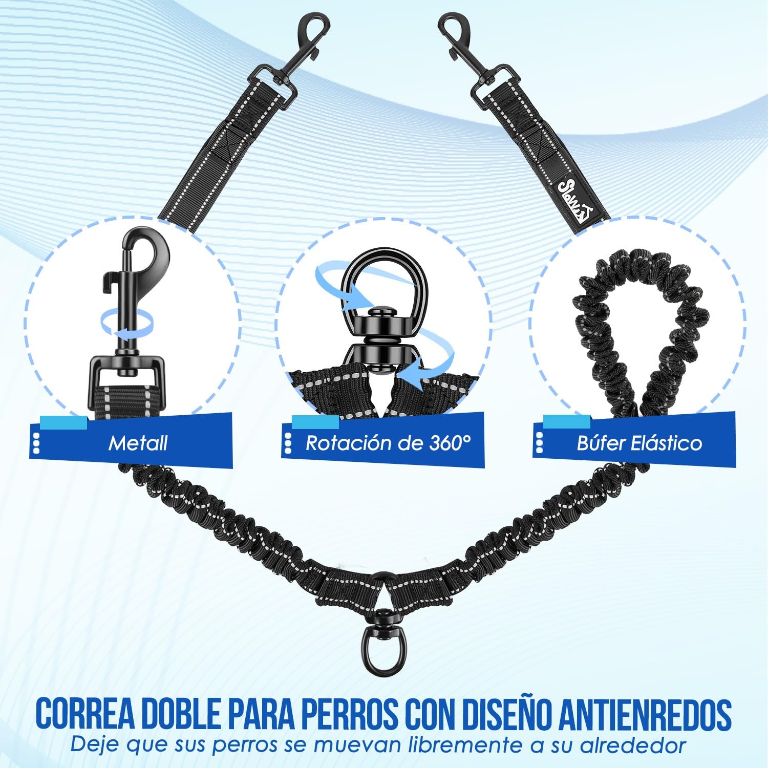 SlowTon Doble Correa para Perros sin enredos - Cable Reflectante Giratorio de Alta Resistencia Giratorio de 360 °, Entrenamiento para Caminar Amortiguador para 2 Perros medianos pequeños