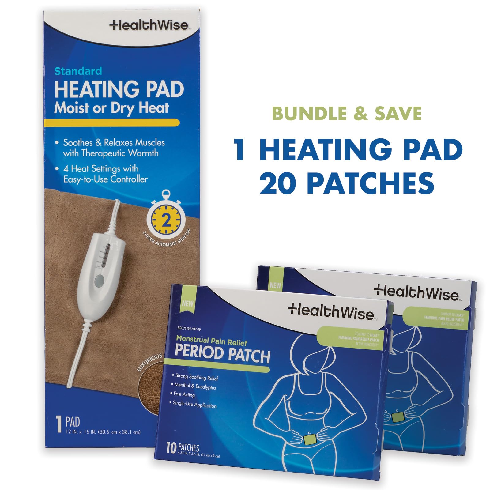 HealthWise Set per alleviare il dolore mestruale | Venti cerotti al 10% al mentolo + eucalipto | generosa toppa XL | cuscinetto riscaldante da 30,5 x 38,1 cm con calore umido e secco | Cura naturale e