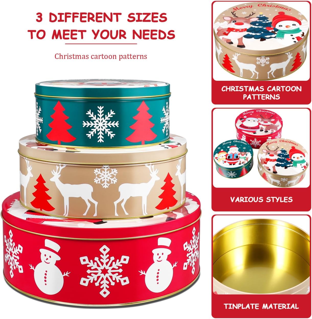 Hemoton Christmas Cookie Tins with Lids for Gift Giving, 3 Pack Round Christmas Tin Containers, Metal Nesting Containers for Holiday Use, Large Medium Small
