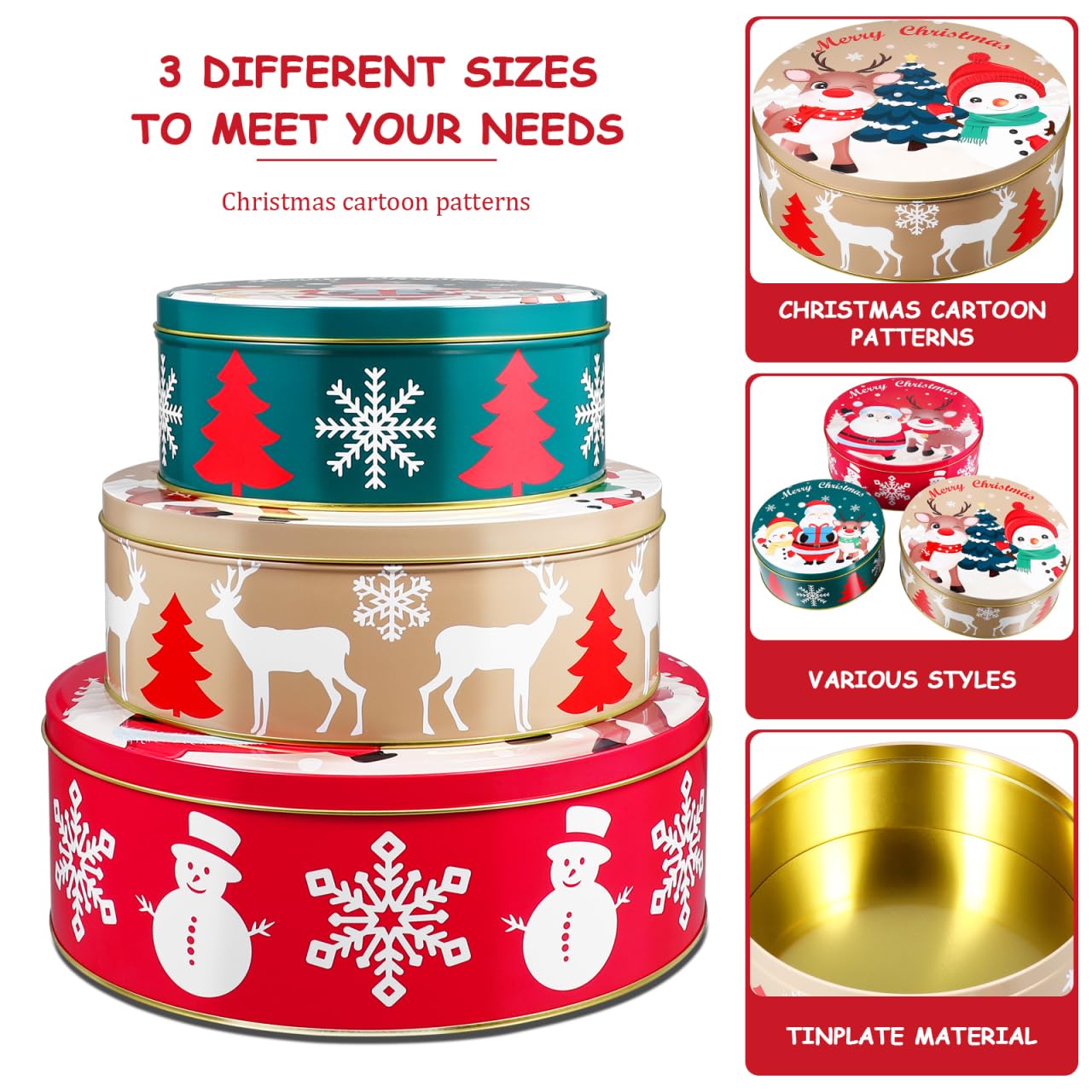 Hemoton Boîtes à Biscuits de Noël, 3Pcs Boite Metal Noel, Boîtes à Biscuits avec Couvre, Boite a Biscuit Noel, Multifonctionnel Boites Biscuits, Boites Metal Biscuit pour Biscuits, Bonbons, Chocolat