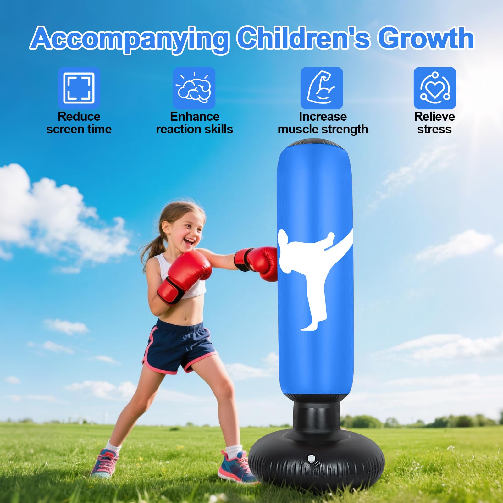 Sacco da Boxe da Terra, 160cm Sacco da Boxe per Bambini Gonfiabile Punching Ball Bambini 3 ai 12 Anni, Sacchi da Kickboxing per Karate Taekwondo MMA Fitness Allenamento a Casa