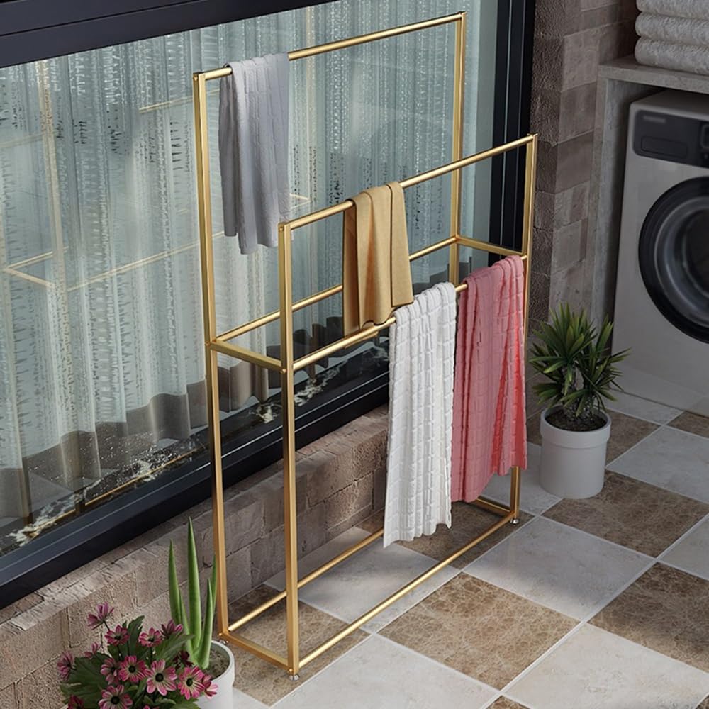 Indipendente Portasciugamani da bagno Appendiabiti for interni pavimento in ferro Combinazione di appendiabiti in metallo for soggiorno Portasciugamani(Gold,M)