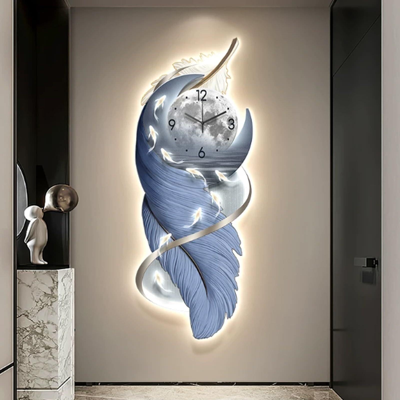 Orologio da parete a forma di piuma LED, silenzioso, a batteria, moderno e