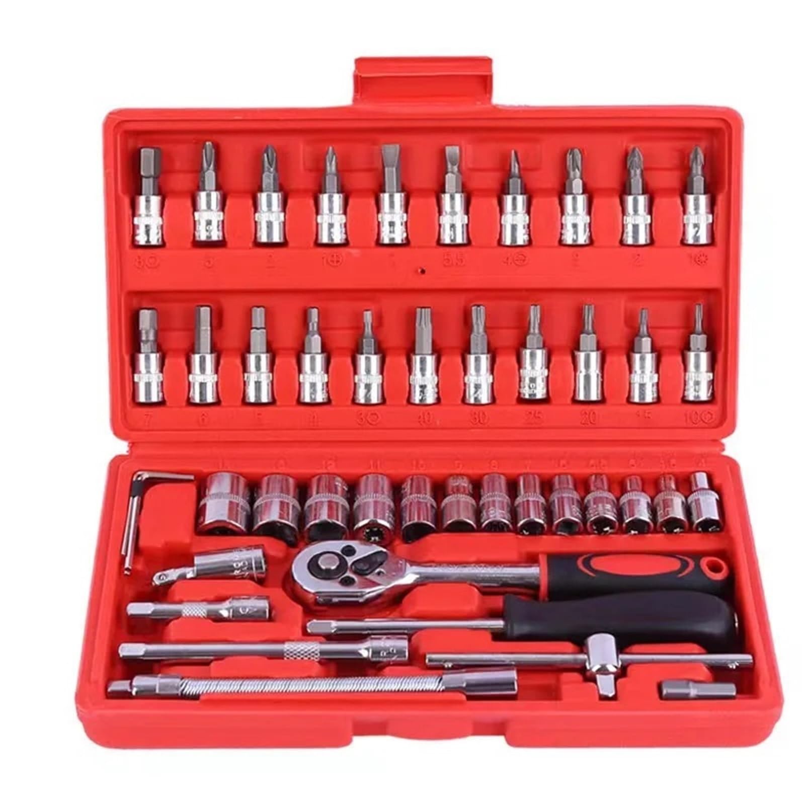 Kauwyehd Red 46Pcs/Set Socket Wrench Repair Tool Kit Ratchet Screwdriver For Car Hardware Toolbox For Auto Repairing Socket Wrench Set(Red)