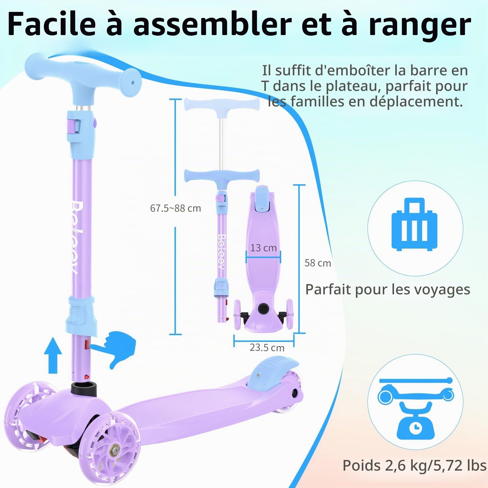 BELEEV A3 Trottinette Enfants 3 Ans, 4 Guidon Réglable en Hauteur | Roues Lumineuses en PU, Scooter à 3 Roues Deck Extra-Large et Antidérapant Trotinette pour Enfant de 3-12 Ans Fille Garçon