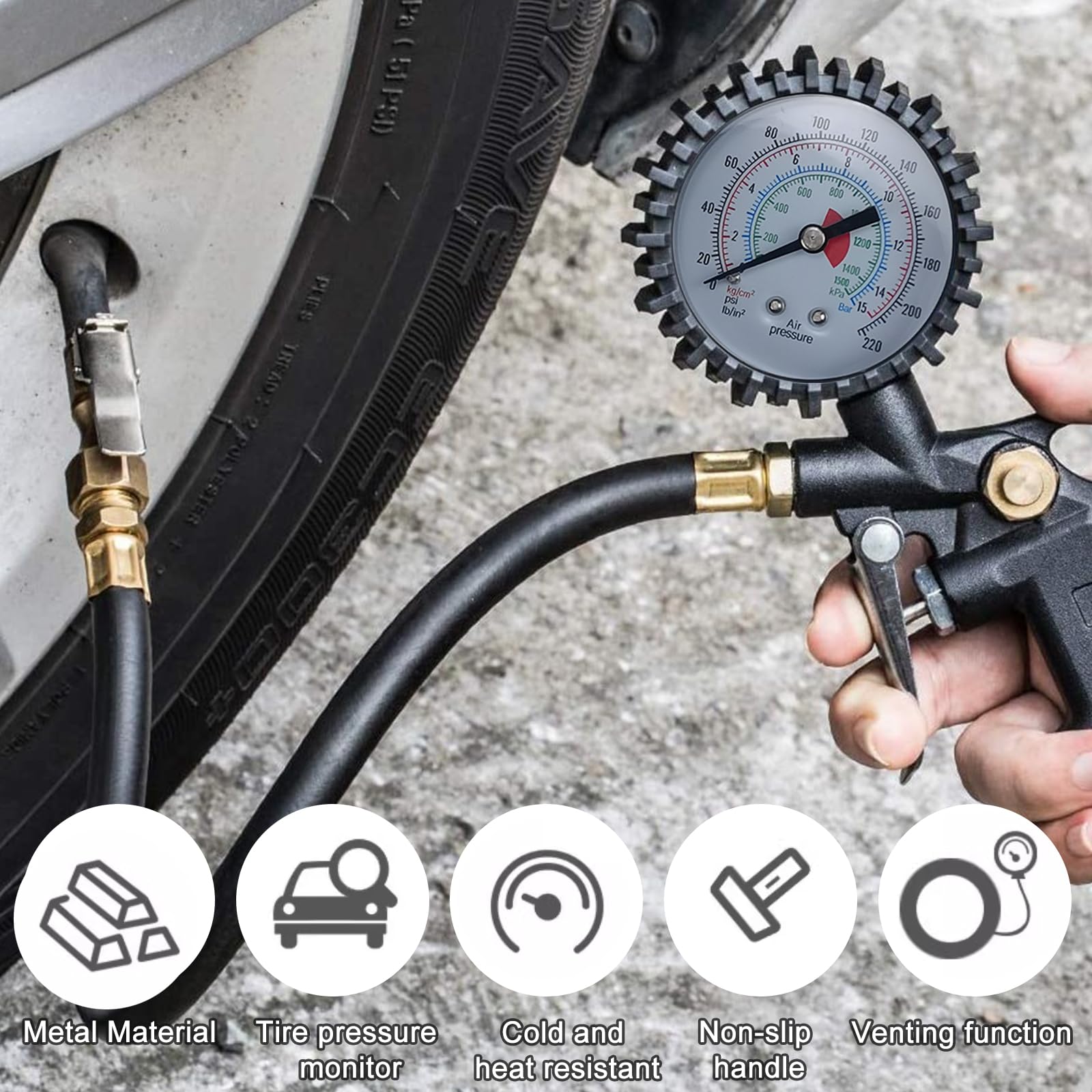 Manomètre Pression Pneu 220 PSI - Avec Pistolet De Gonflage - Pour Voiture, Moto, Vélo, Camion - Précision Et Facilité