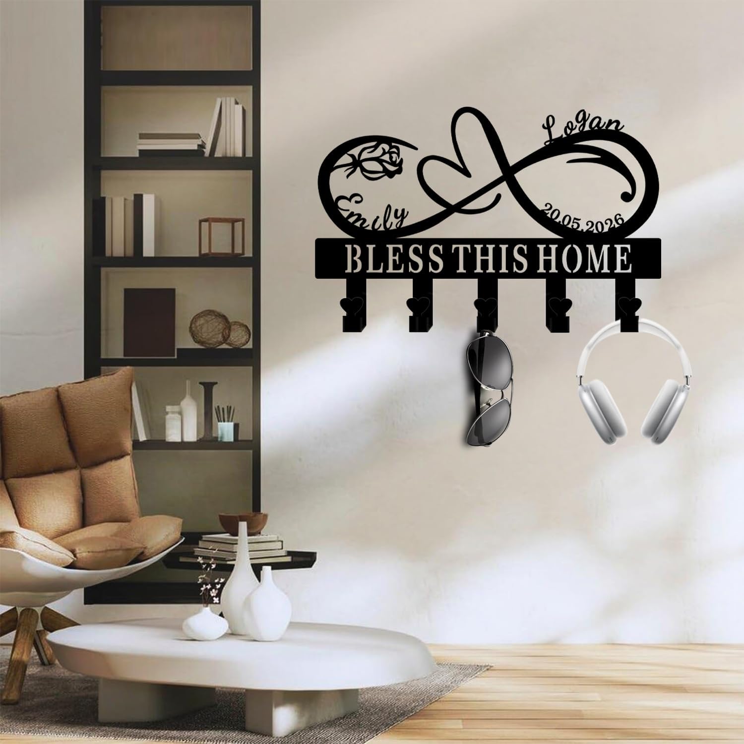 Personalized Metal Wall Key Hook Rack Custom Couple Name Entryway Organize