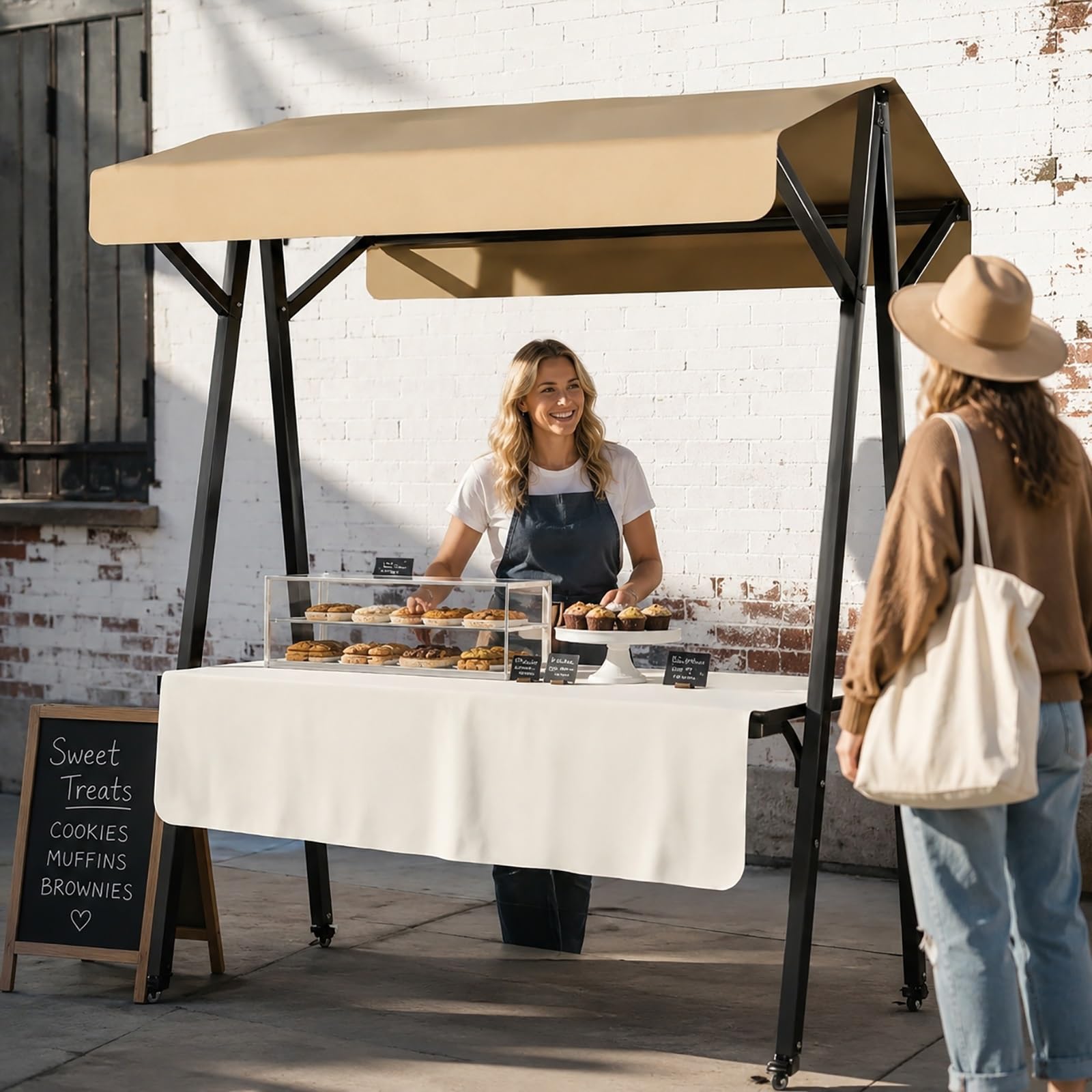 XRRJFYH Portable Farmers Market Stand with Canopy, Outdoor Vendor Booth & Display Tables – Foldable Street Vendor Food Stand, Market Stall with Wheels(Multi-colored,160x60cm/63x24in)