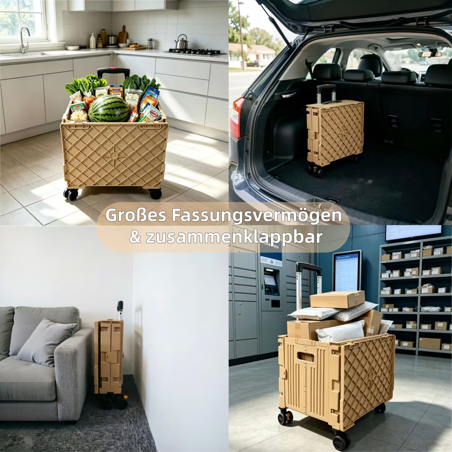 Einkaufstrolley, Klapptrolley mit Rollen & Teleskopgriff, bis 80 kg, 63 L Kiste,Faltbare Einkaufshilfe, Rolltrolley,Einkaufskorb mit Deckel, Braun,für den Wocheneinkauf, zum Camping