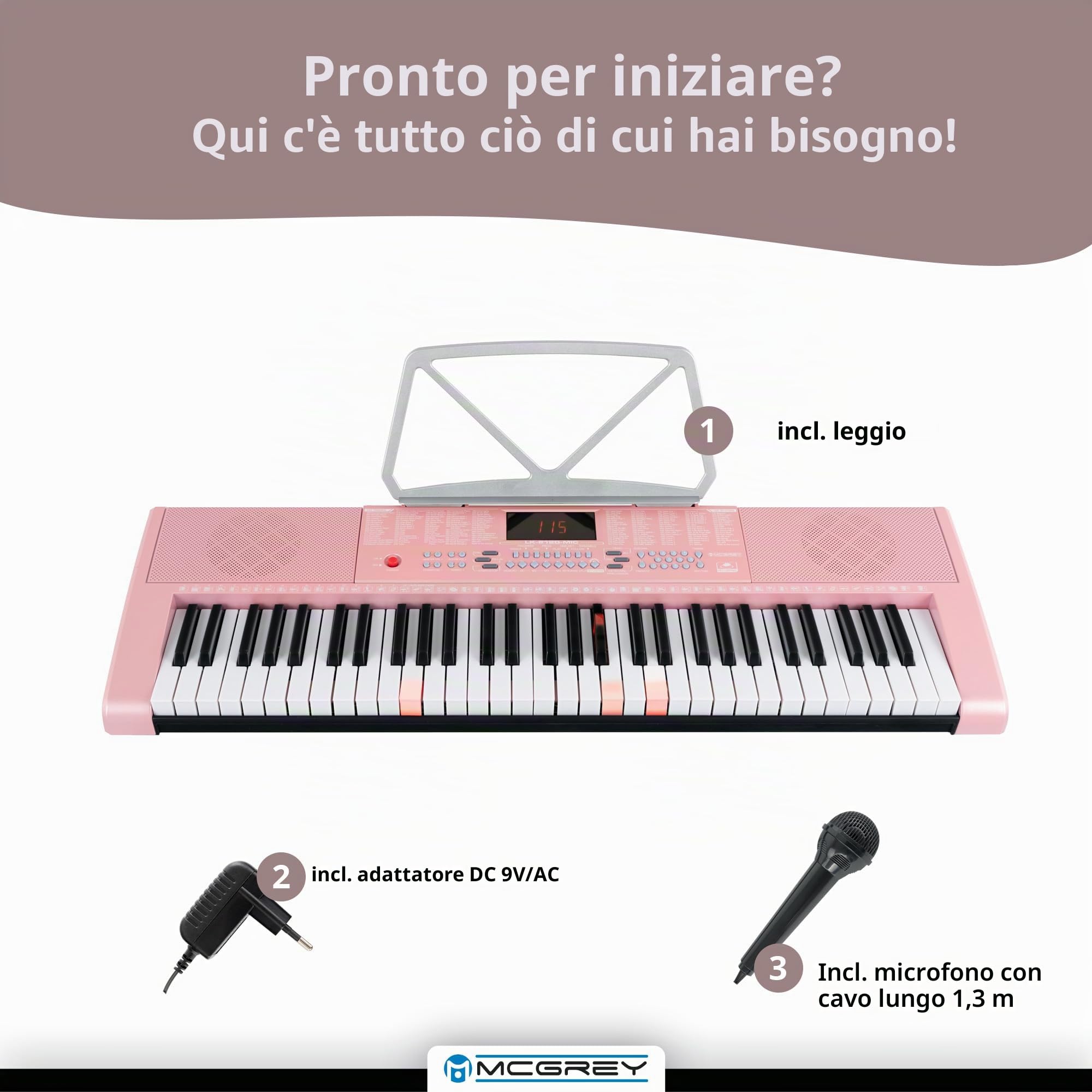 McGrey LK-6120-MIC Tastiera con Tasti Luminosi con Set Microfono incl. | Tastiera per principianti con 61 tasti luminosi, 255 suoni, 255 ritmi, 61 suoni percussione, 50 brani demo, Sustain/ Vibrato