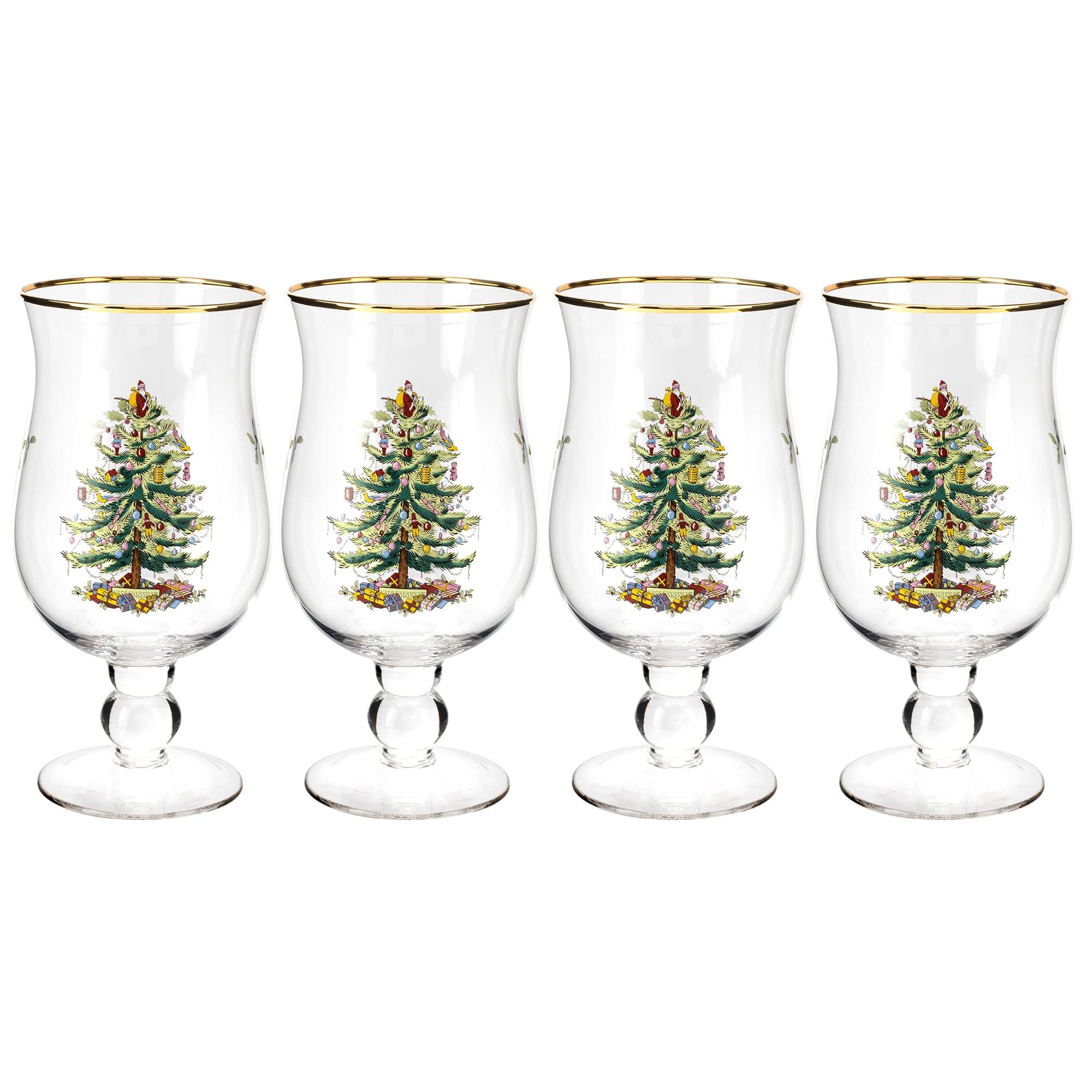 Spode Christmas Tree 17.5oz Tulip Glasses, Set of 4 - Gold-Rimmed Whimsical Holiday Glasses for Sparkling Wine and Champagne, Ideal for Holiday Brunches and New Year’s Celebrations