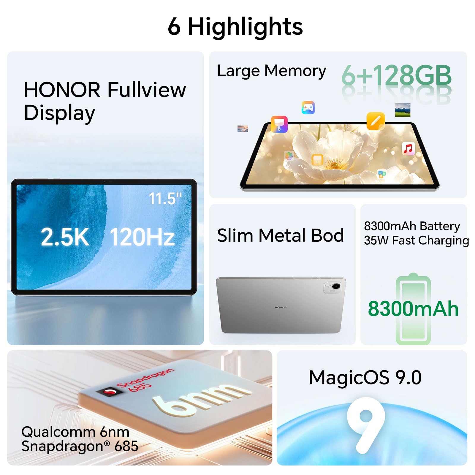 HONOR Pad X9a 6GB 128GB WIFI Tablet, 11,5 Pollici a 120Hz 2,5K, Qualcomm 6nm Snapdragon 685, 4 Altoparlanti, 8300mAh Batteria, Corpo in Metallo, Android 15, Google Service, Grigio