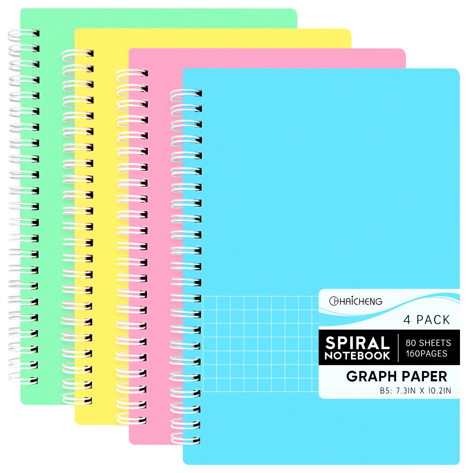Photo 1 of 4 Pack Spiral Notebooks, B5 Thick Plastic Hardcover Notebook 7.3 x 10.2 Inch 5 x 5mm Grid Paper 80 Sheets Notebooks for Work, School, Note Taking, Journal B5: 7.3" x 10.2" Graph