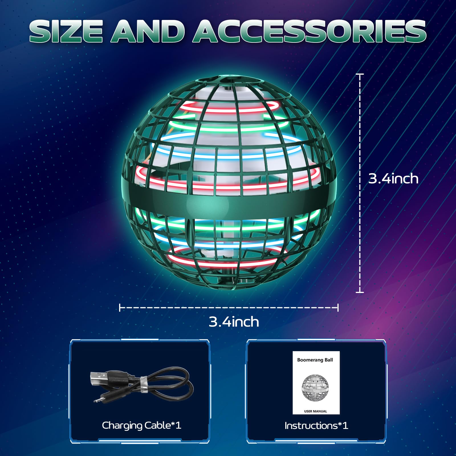 2026 Flying Orb Ball Toy - Christmas Cool Novelty Gift Hover Ball Galaxy Boomerang Hand Drone Magic Floating Ball Orbit Mini Outdoor Fidget Toy Stocking Stuffer for Kids Boys Girls Teens - (Green)