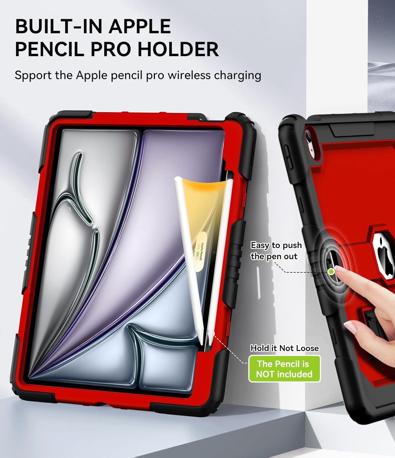 OKP Case for New iPad Air 13 inch M3 (2025), for iPad Air 13-inch M2 (2024), Heavy Duty Shockproof Rugged iPad Air 13'' Protective Cover with Pencil Holder & Built-in Stand, Black+Red - Image 4