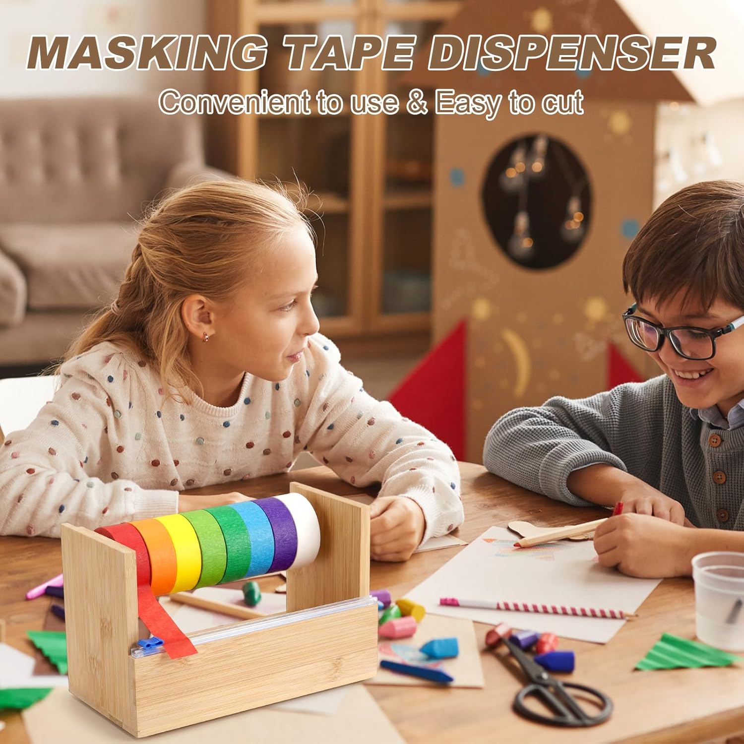 Hoteam 2 Pack Wood Masking Tape Dispenser, Multi Roll Washi Tape Cutter Holder for Gift Wrapping, Kitchen, Office, Desktop Craft, 9.4" x 5.5" x 5"